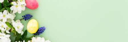 Spring Easter background, multi-colored Easter eggs and blooming apple tree branches and mint leaves and Muscari flowers on a green background, copy space, bannerの写真素材