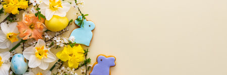 Festive banner with spring flowers and naturally colored eggs and Easter bunnies, white daffodils and cherry blossom branches on a yellow pastel backgroundの写真素材