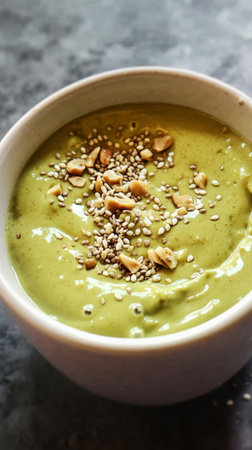 A vibrant matcha smoothie bowl with a nutty sesame garnish is highlighted by soft, natural light. Strong shadows cut through the scene, enhancing the texture of the bowl and the ingredientsの素材