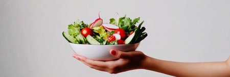 A fresh and vibrant salad of tomatoes, greens, cucumbers, radishes, and mozzarella, gently held by a girl hands against a plain wall backdropの素材