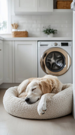 A calm dog resting in its cozy bed in a minimalist laundry room, bathed in soft natural light, reflecting a tranquil, organized, pet-friendly atmosphereの素材