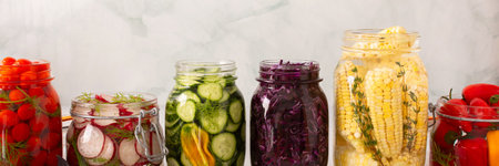 Fermentation of fresh cabbage, tomatoes, cucumbers and radishes, corn and peppers , packed with probiotics and nutrition for a healthy diet, bannerの写真素材
