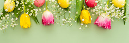 Spring Easter background, multi-colored Easter eggs with tulips and gypsophila on a green background, bannerの写真素材