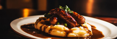 A plate of bangers and mash, featuring crispy sausages, smooth mashed potatoes, and savory onion gravy, creating a deliciously hearty and comforting meal, traditional Rnglish dish, bannerの素材