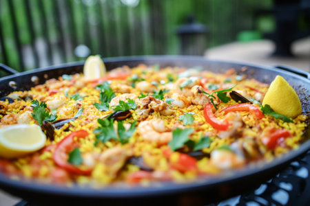 Vibrant paella with saffron rice, shrimp, mussels, and chicken, garnished with lemon wedges and red pepper, showcasing bright hues and rich textures, traditional Spanish dishの素材