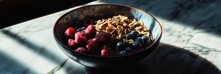 Acai bowl garnished with granola, berries, and almond flakes, served in a clean, minimalist style. The rich colors and textures of the ingredients create a visually appealing, deliciously healthy dishの素材