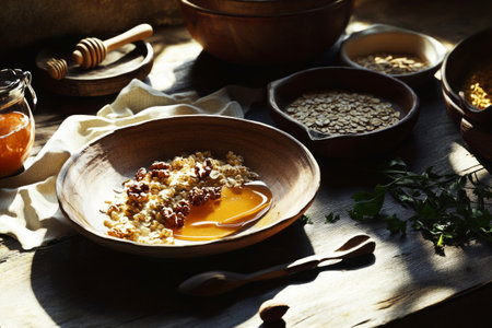 A rustic oatmeal bowl topped with crunchy walnuts and a drizzle of golden honey. The earthy textures of weathered wood and rough linen set a cozy, wholesome vibe, making it a perfect healthy breakfastの素材