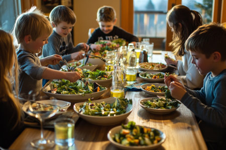 A warm and joyful family moment as parents serve a healthy vegetable salad around the dinner table, with children eagerly helping, creating a nourishing and wholesome atmosphere filled with loveの素材