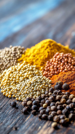 A vibrant mix of Indian spices such as coriander, fennel, and mustard seeds arranged on a rustic wooden surface, highlighting the natural textures and aromatic appeal of traditional Indian ingredientsの素材