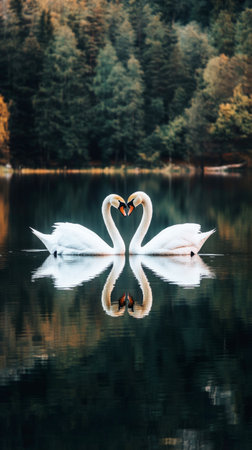 A peaceful scene of two white swans forming a heart shape with their necks on a tranquil lake, their reflections in the water embodying elegance, love, and tranquilityの素材