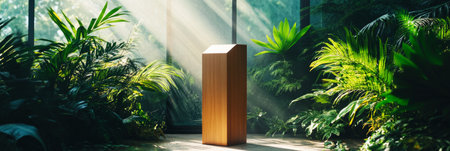 A peaceful indoor scene with a wooden pedestal, lush plants, and warm sunlight streaming through expansive windows, creating a tranquil and earthy atmosphere, bannerの素材