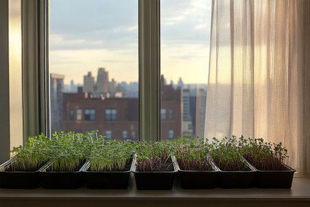 A bright apartment windowsill filled with vibrant microgreens in black trays, their delicate green and purple stems basking in natural sunlight, offering a fresh contrast to the urban backdropの素材