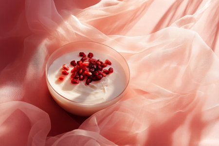 A bowl of creamy coconut milk with vibrant pomegranate seeds, set against a soft pink-red background. Faint shadows cast through light tulle create a tranquil and dreamy atmosphereの素材