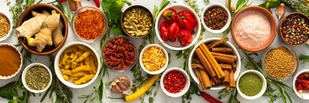 Assorted cooking spices and herbs arranged on a gray background, featuring natural tones that add depth and aroma to any meal, bannerの写真素材