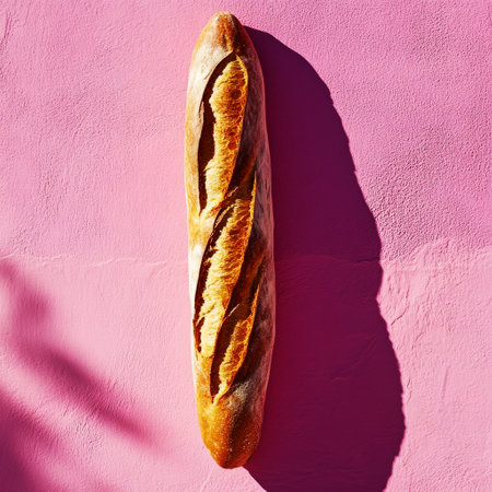 A freshly baked baguette resting against a vibrant pink wall, with a deep shadow accentuating its golden-brown texture, creating a simple, cozy, and inviting atmosphereの素材