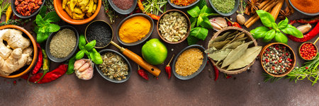 A rich palette of colorful spices and herbs, resting on a brown background, radiating freshness and aroma, perfect for gourmet inspiration, bannerの写真素材