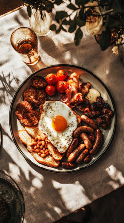 A traditional Full English Breakfast featuring golden-brown fried eggs, sausages, crispy bacon, grilled tomatoes, and buttery beans, served with hash browns and toasted breadの素材