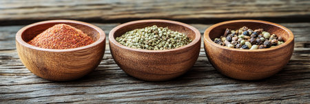 Aromatic Indian spices and herbs arranged neatly in wooden bowls on a rustic wooden background, capturing the essence of traditional cooking with vibrant colors and rich textures, bannerの素材