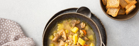Oyster mushroom soup in plates, soup made from Pleurotus mushrooms and potatoes, carrots and spices, top view, copy space, bannerの写真素材