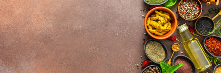 A visually striking arrangement of fresh spices and herbs on a brown surface, highlighting their vivid colors, intricate details and rich culinary essence, bannerの写真素材