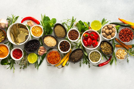 A collection of various spices and herbs on a gray background, perfect for enhancing dishes with flavors and texturesの写真素材