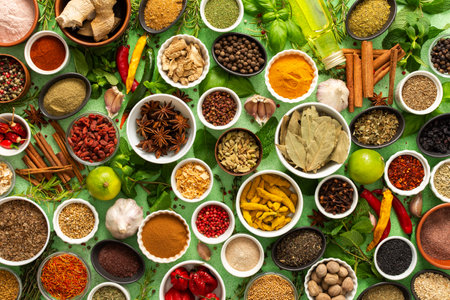 A vibrant assortment of fresh, multicolored spices and herbs on a delicate green background, perfect for cookingの写真素材