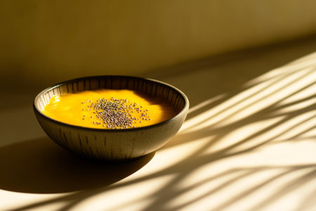 A vibrant chia seed bowl topped with mango puree, the vivid colors of the fruit contrasting sharply against the dark shadows. The strong angular lighting highlights the textures and shapesの素材