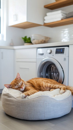 A relaxed cat resting in its soft cat bed, bathed in soft natural light in a minimalist laundry room, serene, modern, pet-friendly, with a clean, organized aestheticの素材