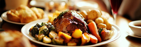 A traditional Sunday Roast with golden, crispy potatoes, tender meat, and a side of Yorkshire pudding, creating a warm and inviting feast, bannerの素材