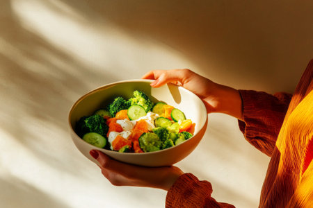 A girl hands holding a fresh salad bowl with avocado, cucumber, broccoli, radish, and mozzarella against a plain wall, emphasizing clean, healthy eatingの素材