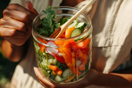 A close-up of a woman holding a glass jar filled with vibrant fresh vegetables, including bell peppers, carrots, and cucumber, ready for a healthy bite with a wooden forkの素材