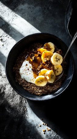A quinoa bowl topped with caramelized banana and Greek yogurt, the harsh angular shadows creating a bold contrast, adding visual depth to this vibrant, healthy breakfast conceptの素材