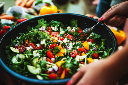 A group of friends enjoying a fresh vegetable salad at a picnic, laughing and sharing, surrounded by nature , joyの素材