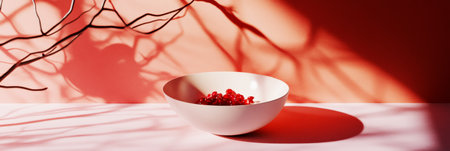 A bowl of coconut milk with pomegranate seeds sits against a pink-red backdrop. Subtle, airy shadows and soft light highlight the fresh, creamy dish, creating a serene and warm atmosphereの素材
