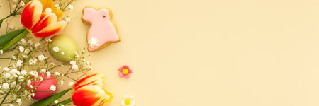 Spring Easter background, multi-colored Easter eggs with tulips and gypsophila and decorative bunnies on a yellow background, bannerの写真素材