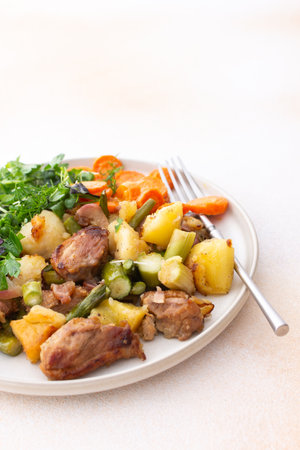 Stewed duck fillet with potatoes and asparagus and radishes, mixed salad of various greens, baked carrots in tahini sauce, healthy delicious mealsの写真素材