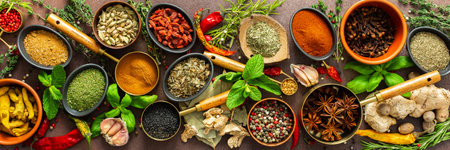 A rich palette of colorful spices and herbs, resting on a brown background, radiating freshness and aroma, perfect for gourmet inspiration, bannerの写真素材