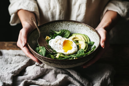 A rustic ceramic bowl filled with creamy avocado, a perfectly poached egg, and fresh spinach. The woman hands cradle the bowl with care, capturing the essence of wholesome, earthy ingredientsの素材
