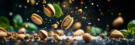 A stunning display of pistachios drifting with salt crystals and vibrant mint and basil leaves, bathed in warm natural lighting and soft bokeh, creating an elegant, appetizing aestheticの素材