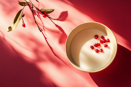 A bowl of creamy coconut milk with vibrant pomegranate seeds, set against a soft pink-red background. Faint shadows cast through light tulle create a tranquil and dreamy atmosphereの素材