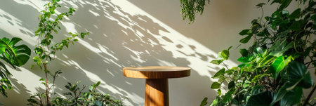 A serene indoor scene features a wooden pedestal surrounded by lush plants, with warm sunlight filtering through, creating an elegant, natural, and calming atmosphere, bannerの素材