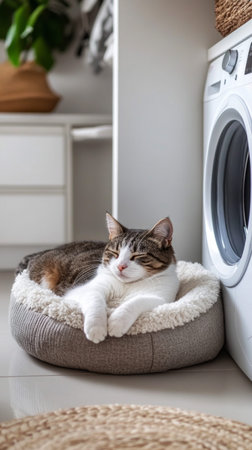 A relaxed cat resting in its soft cat bed, bathed in soft natural light in a minimalist laundry room, serene, modern, pet-friendly, with a clean, organized aestheticの素材