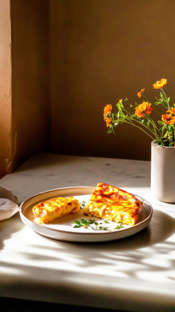 A traditional Tortilla Espanola, with tender layers of potatoes and onions inside a golden, crispy exterior, beautifully cut into wedges, perfect for any meal of the day, traditional Spanish dishの素材
