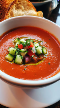 A bowl of cool gazpacho, garnished with fresh vegetables and herbs, perfect for a refreshing summer meal, served with croutons on the side, traditional Spanish dishの素材