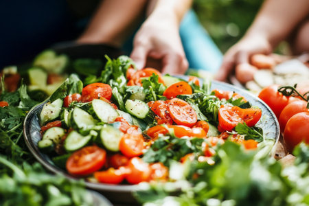 A group of friends enjoying a fresh vegetable salad at a picnic, laughing and sharing, surrounded by nature , joyの素材