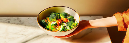 Hands of a girl holding a nutritious salad with avocado, cucumber, broccoli, radish, and mozzarella, offering a fresh, healthy meal against a minimalistic background, bannerの素材