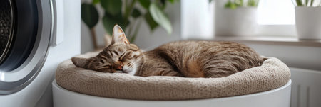 A sleepy cat snuggled in a comfortable bed in a bright, stylish laundry room, designed for tranquility and simplicity, ideal for cozy home interiors, clean, peaceful, inviting, bannerの素材