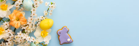 Festive banner with spring flowers and naturally colored eggs and Easter bunnies, white daffodils and cherry blossom branches on a blue pastel backgroundの写真素材