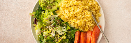Delicious healthy breakfasts, bulgur porridge with red salmon fish and a salad mix with fresh vegetables, avocado and various seeds, a healthy balanced breakfast with fats, fiber and protein, bannerの写真素材