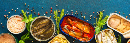 A top view of open tin cans with canned salmon, mackerel, sprat, sardine, tuna, herring, and fish pate, surrounded by spices and herbs on a blue background, bannerの写真素材